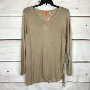 One A Sweater Womens 2X Beige V-Neck Ruched Side Pullover Tunic Solid Rayon Knit